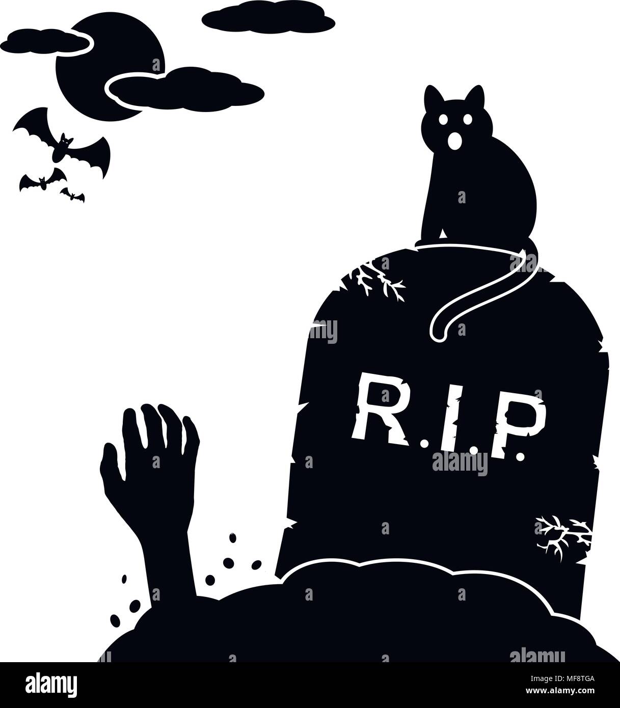 Gatto seduto da pietra tombale e mani di zombie che sorge fuori dal terreno sul cimitero. Illustrazione Vettoriale. Illustrazione Vettoriale