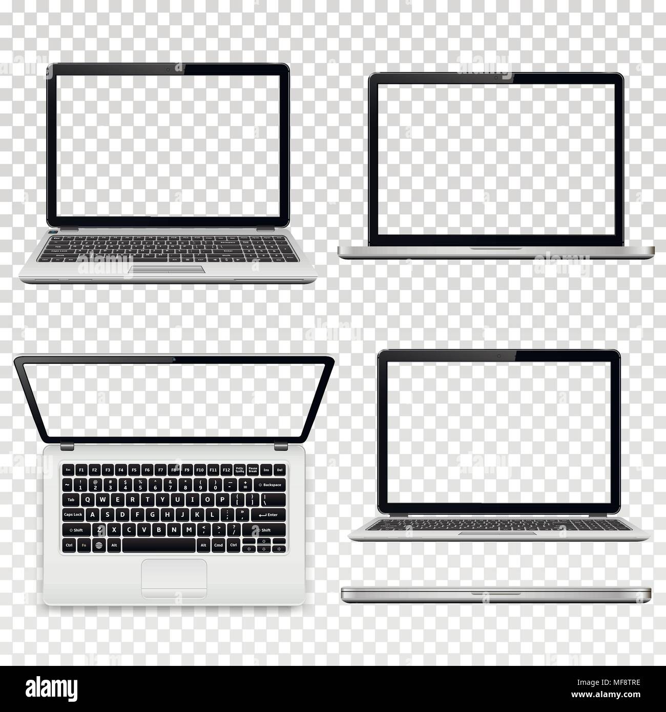 Insieme di computer portatili con schermo trasparente in posizioni differenti isolati su sfondo trasparente. Illustrazione Vettoriale. Illustrazione Vettoriale
