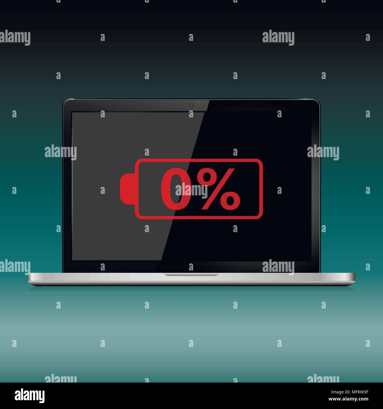 Laptop moderno con bassa segno della batteria sullo schermo. Illustrazione Vettoriale. Illustrazione Vettoriale