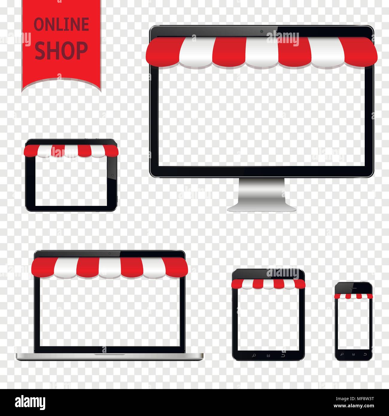 Mobile e online shop concept. Computer, laptop, smartphone e tablet con schermo trasparente e la tenda. Isolato su sfondo trasparente. Vettore Illustrazione Vettoriale