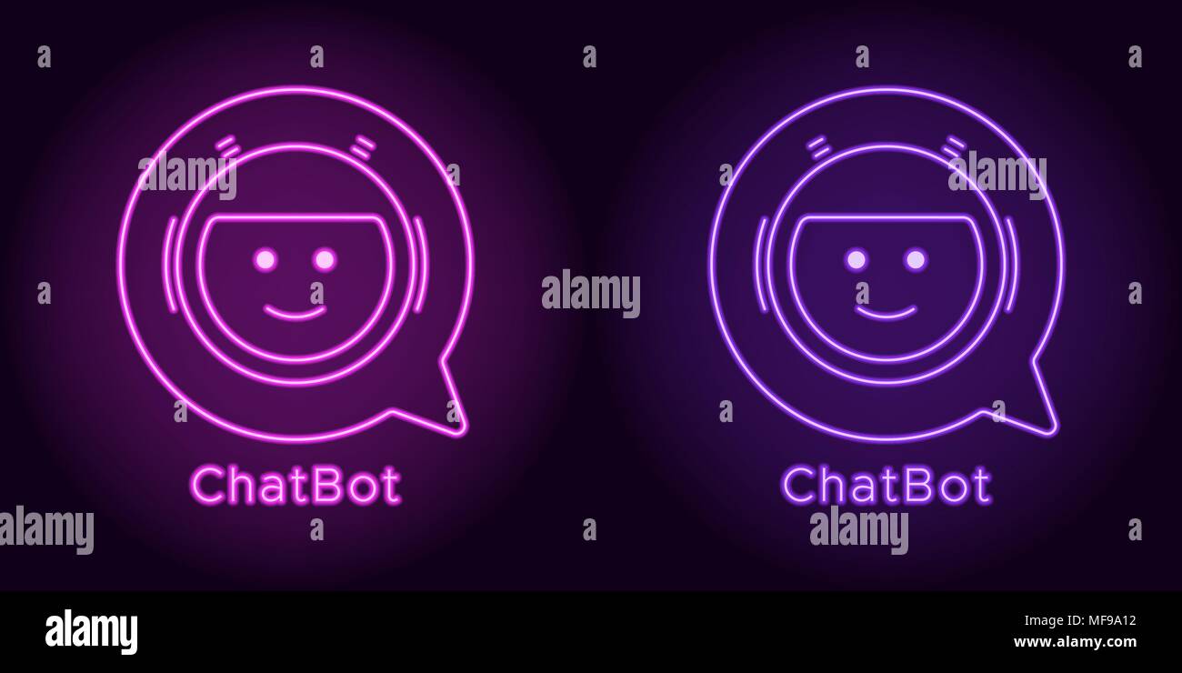 Neon Bot Chat di porpora e di colore viola. Illustrazione Vettoriale di Chatbot virtuale con bolla del parlato consistente di neon delinea, con retroilluminazione sul Illustrazione Vettoriale
