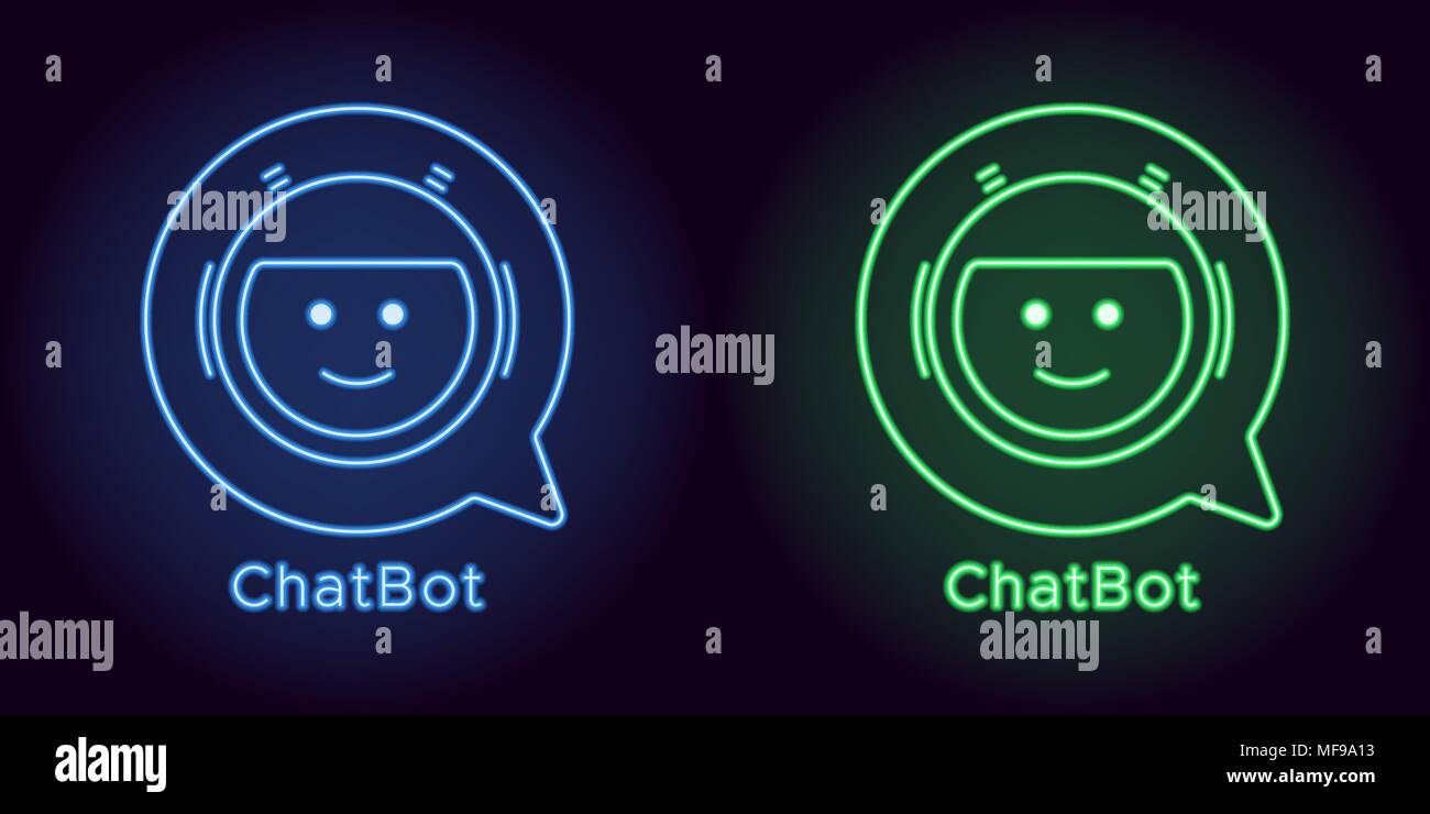 Neon Bot di Chat in colore blu e verde. Illustrazione Vettoriale di Chatbot virtuale con bolla del parlato consistente di neon delinea, con retroilluminazione sul da Illustrazione Vettoriale