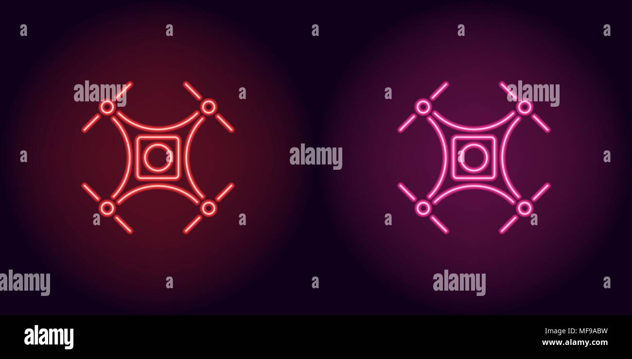 Il Neon drone in rosso e rosa. Illustrazione Vettoriale di quadrocopter costituito da contorni al neon, con retroilluminazione sullo sfondo scuro Illustrazione Vettoriale