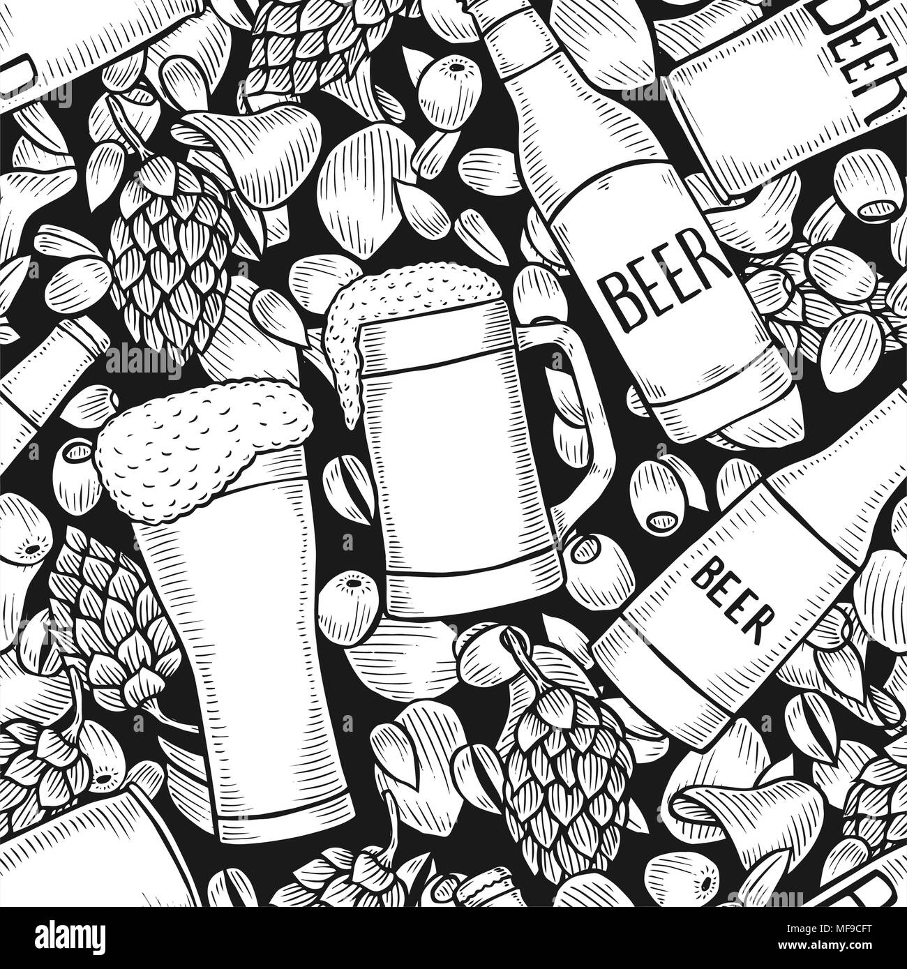 Sfondo di birra decorato con il luppolo e malto mazzetto, diversi tipi di birra, bottiglie e salatini. Vettore di vintage oktoberfest seamless pattern ho disegnato Illustrazione Vettoriale