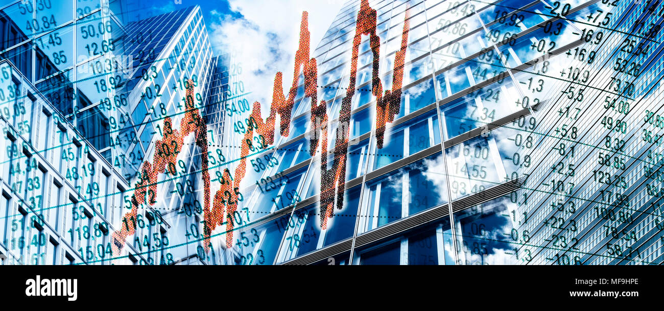 La composizione con grattacieli, grafici azionari e un grafico rosso Foto Stock