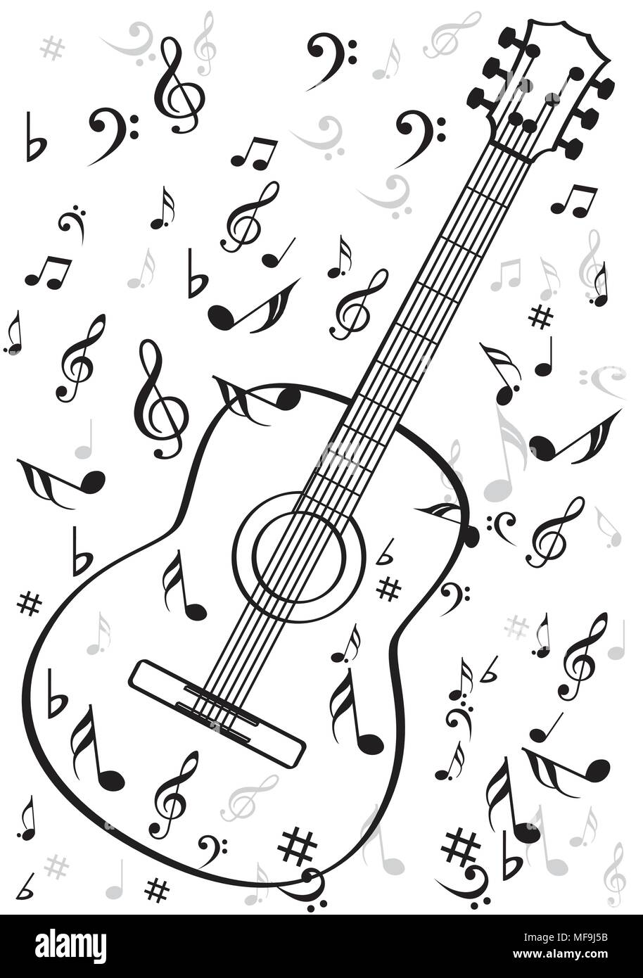 Strumento di chitarra con simboli musicali Illustrazione Vettoriale