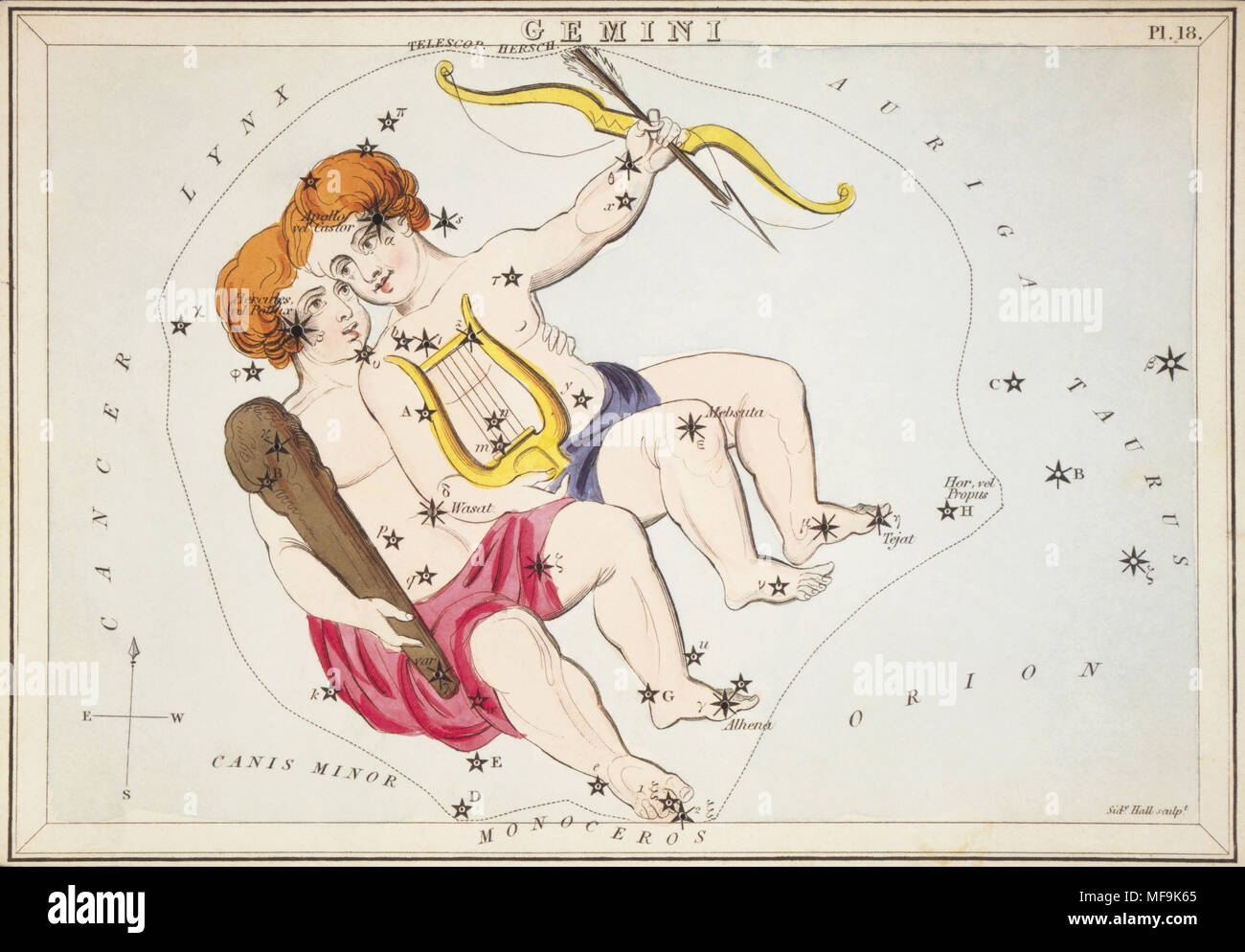 Gemini. Numero di carta di credito 18 dallo specchio di Urania, o una vista del cielo, uno di una serie di 32 stelle astronomico schede grafico incisi da Sidney Hall e publshed 1824. Foto Stock