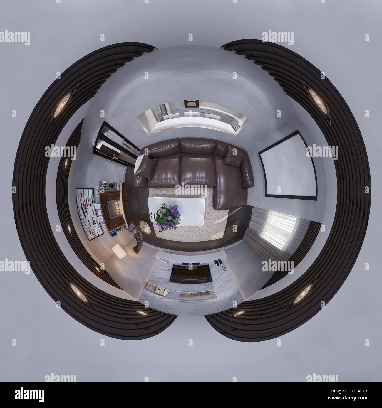 3d'Illustrazione 360 gradi perfetta sferica panorama del design interno soggiorno. Lo stile dell'appartamento moderno è in grigio e bianco colo Foto Stock