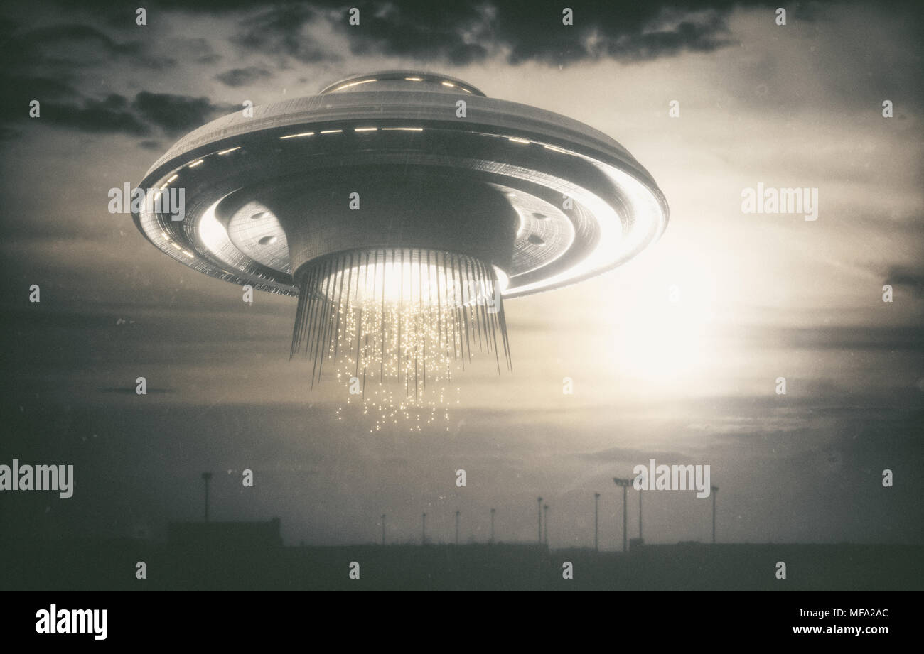 Vecchie foto di UFO. Concetto di immagine di alieni. Rendering 3D oltre il quadro reale. Foto Stock