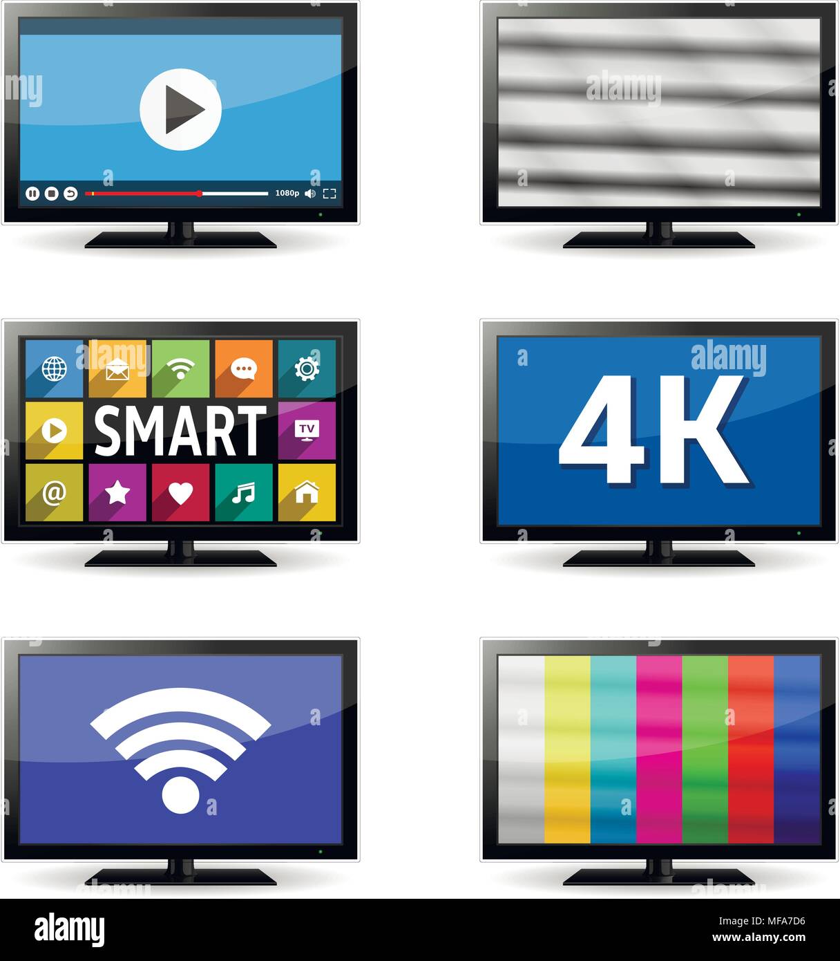 Set di TV HD a schermo piatto lcd isolati su sfondo bianco. Illustrazione Vettoriale. Illustrazione Vettoriale