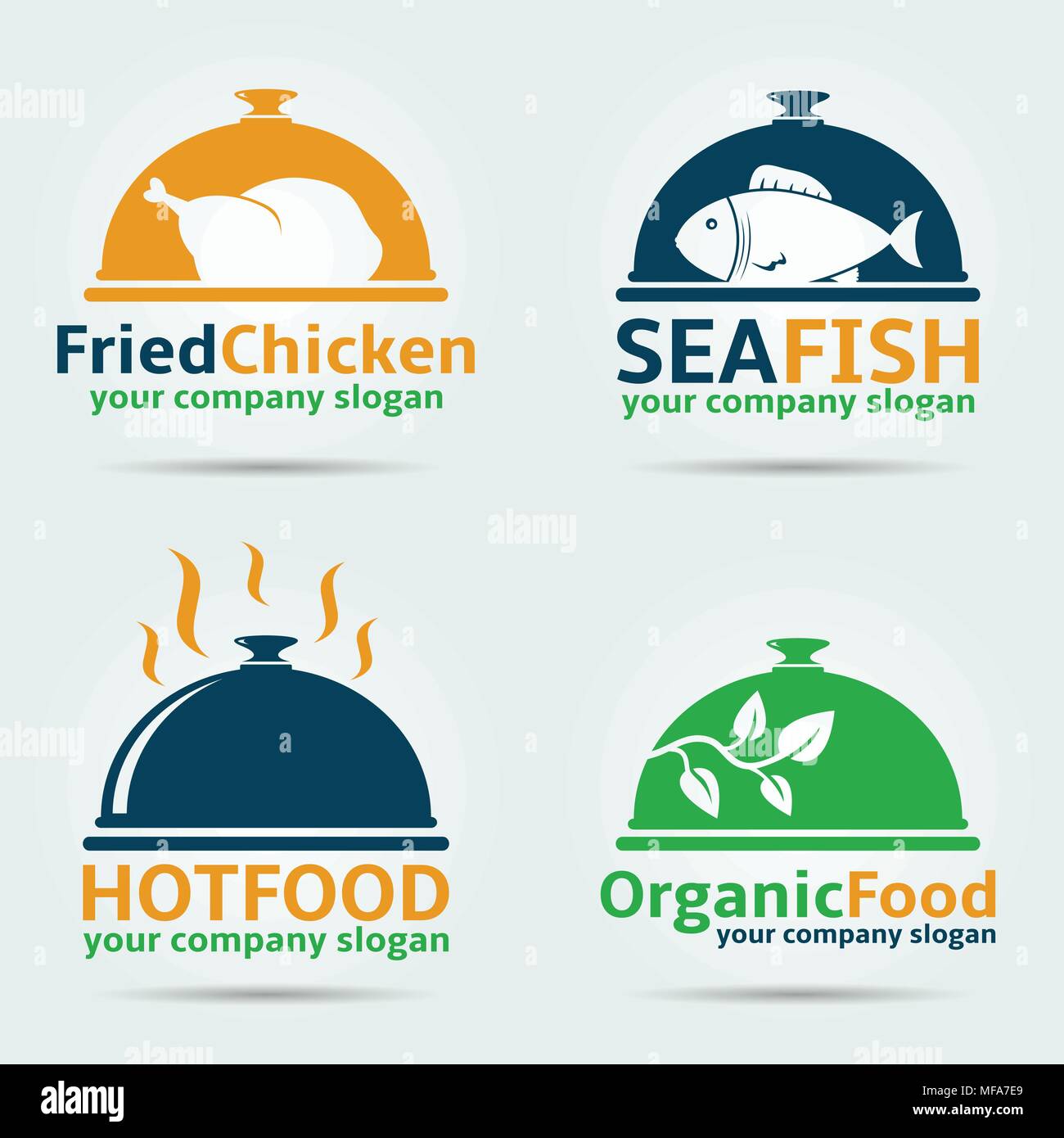 Fritto di pollo, pesce di mare, cibo organico e il cibo caldo logo vettoriale design dei modelli. Illustrazione Vettoriale