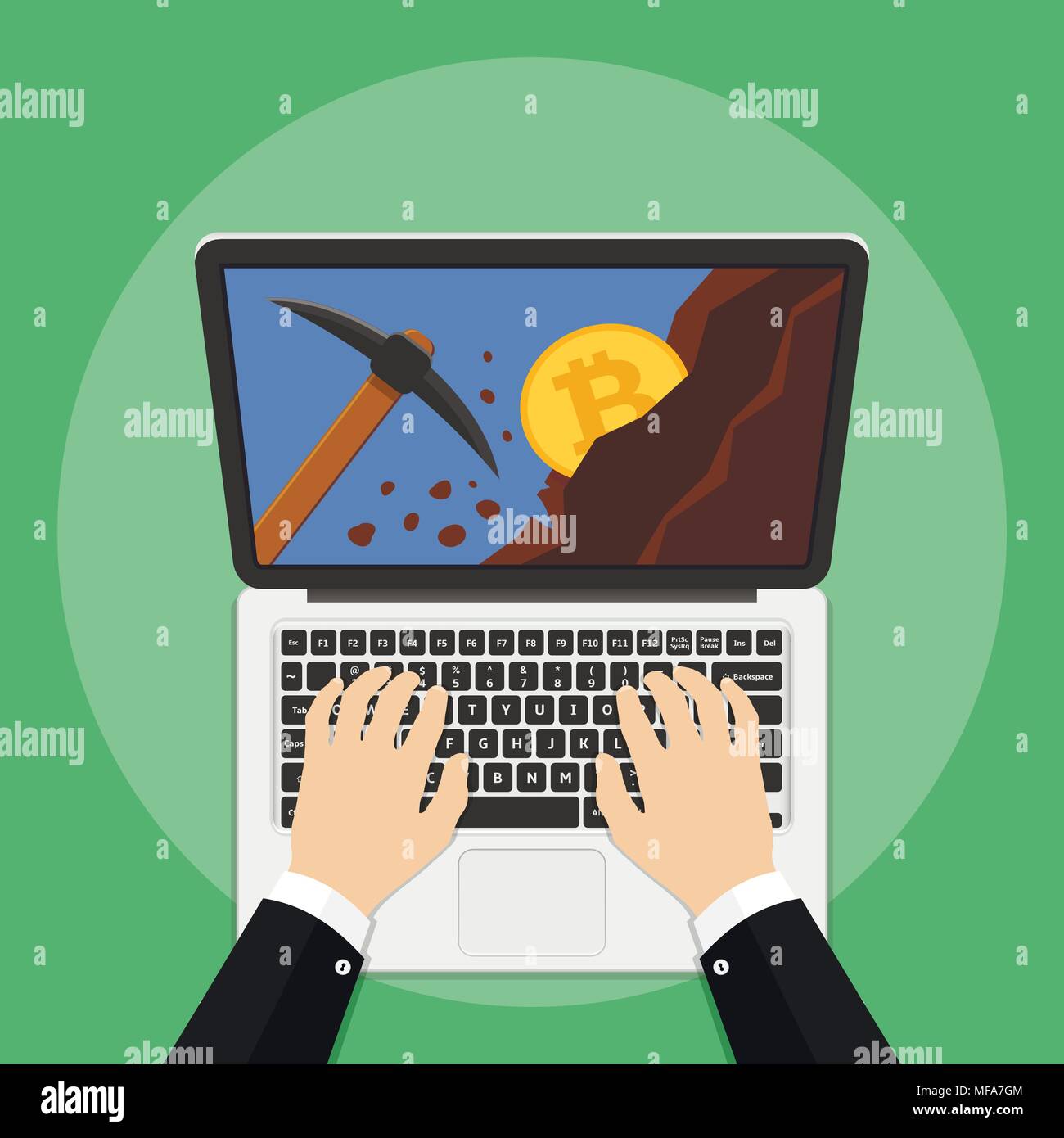Bitcoin concetto. Bitcoin mining concetto con laptop, di piccone, coin e montagna. Guadagnare cryptocurrency. Illustrazione Vettoriale. Illustrazione Vettoriale