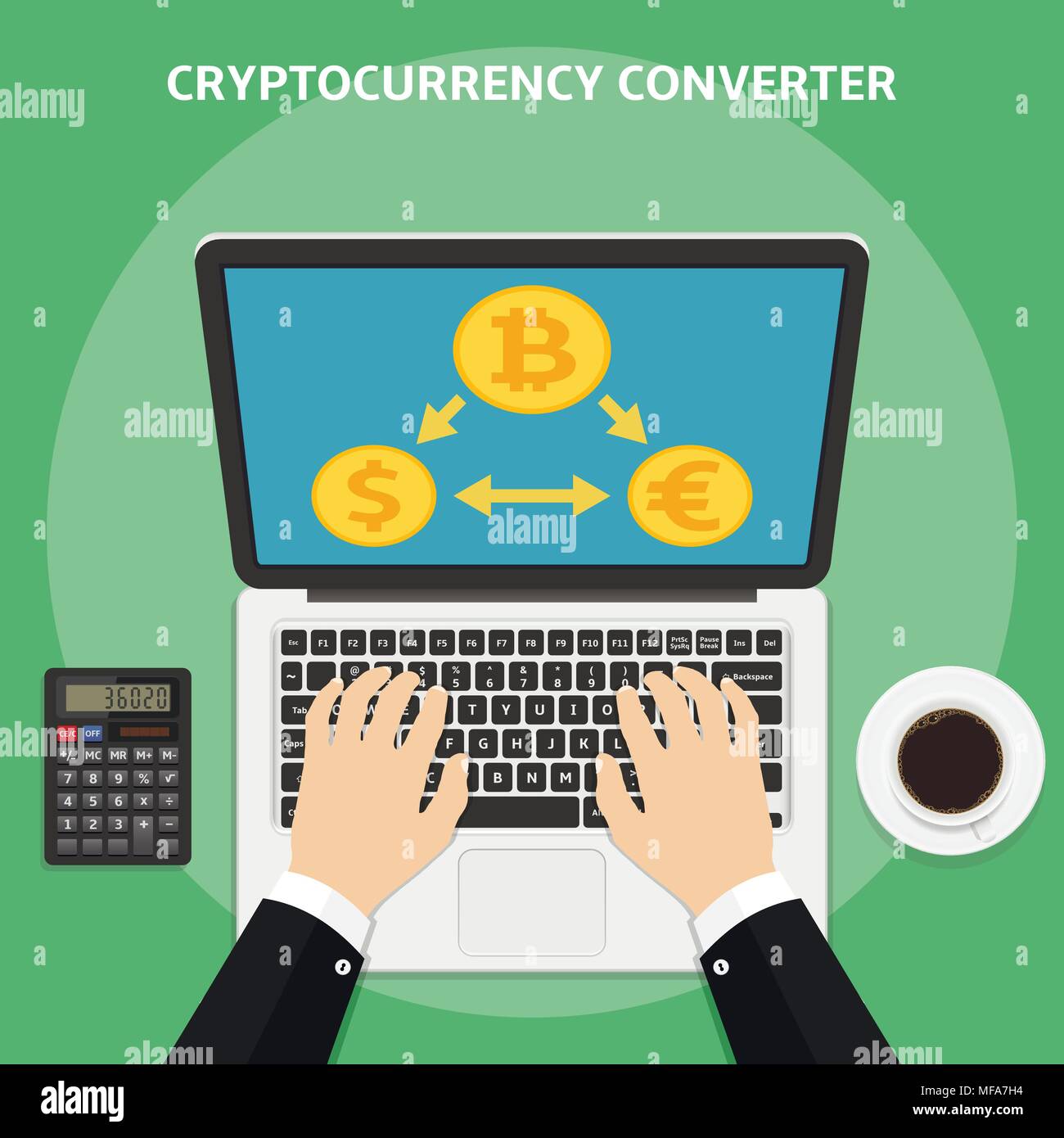 Convertitore Cryptocurrency. Vista superiore del portatile con convertitore bitcoin sito web nella schermata, e imprenditore mani bitcoin trading prezzo. Design piatto ve Illustrazione Vettoriale