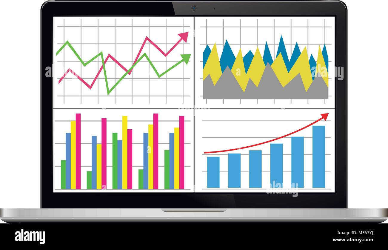 Lo schermo del notebook con la finanziaria a grafici e tabelle. Isolato su bianco. Illustrazione Vettoriale. Illustrazione Vettoriale
