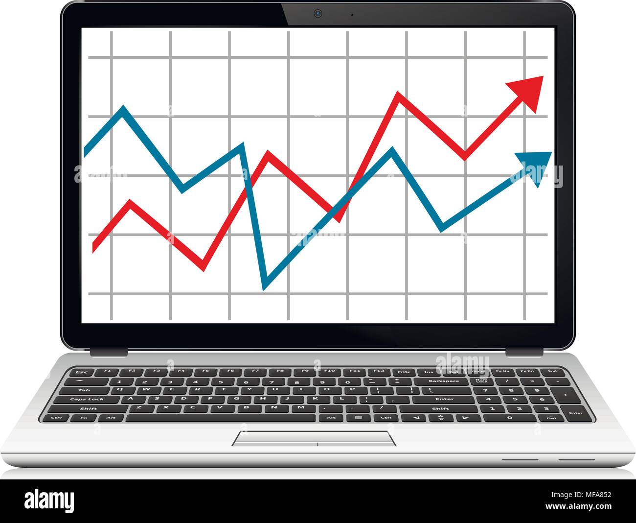 Laptop moderno con il grafico su schermo. Statistiche di finanza report, analisi statistica. EPS vettoriali10. Illustrazione Vettoriale