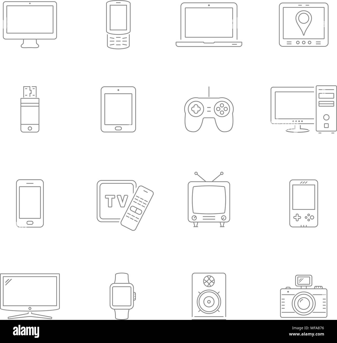 Dispositivi e tecnologia icone vettoriali set, sottile stile linea Illustrazione Vettoriale