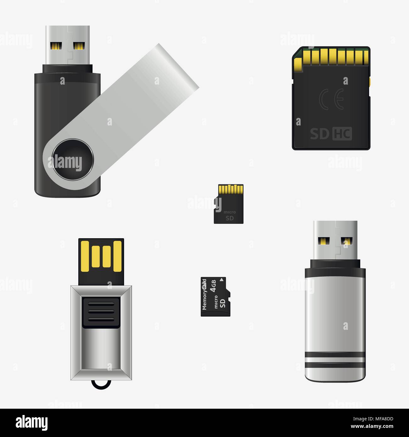 Vettore unità flash USB e schede di memoria isolato Illustrazione Vettoriale