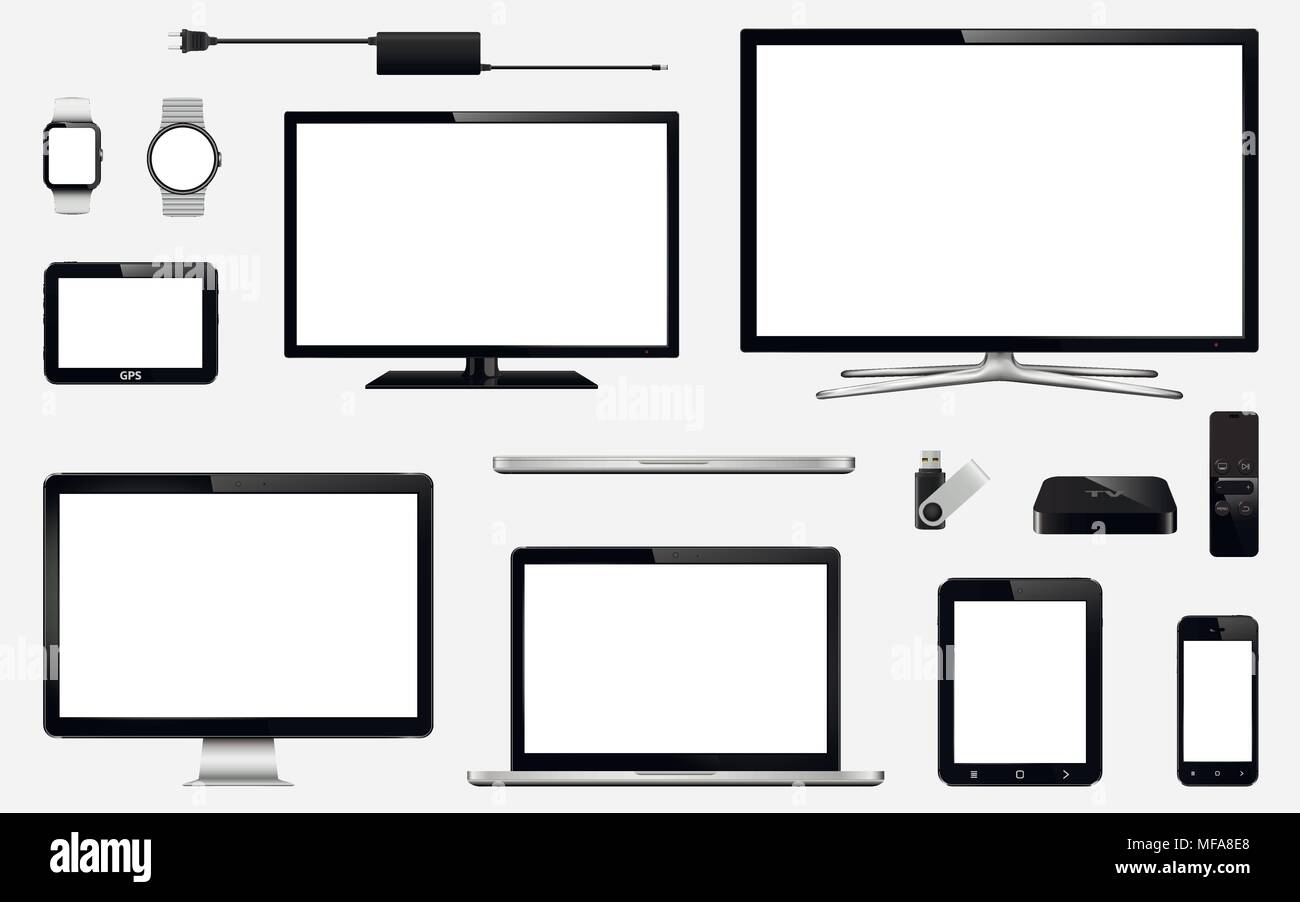 Set di realistico smart tv, monitor per computer, laptop, tablet, telefono cellulare, smart watch, unità flash USB, sistema di navigazione gps dispositivo e tv box rec Illustrazione Vettoriale