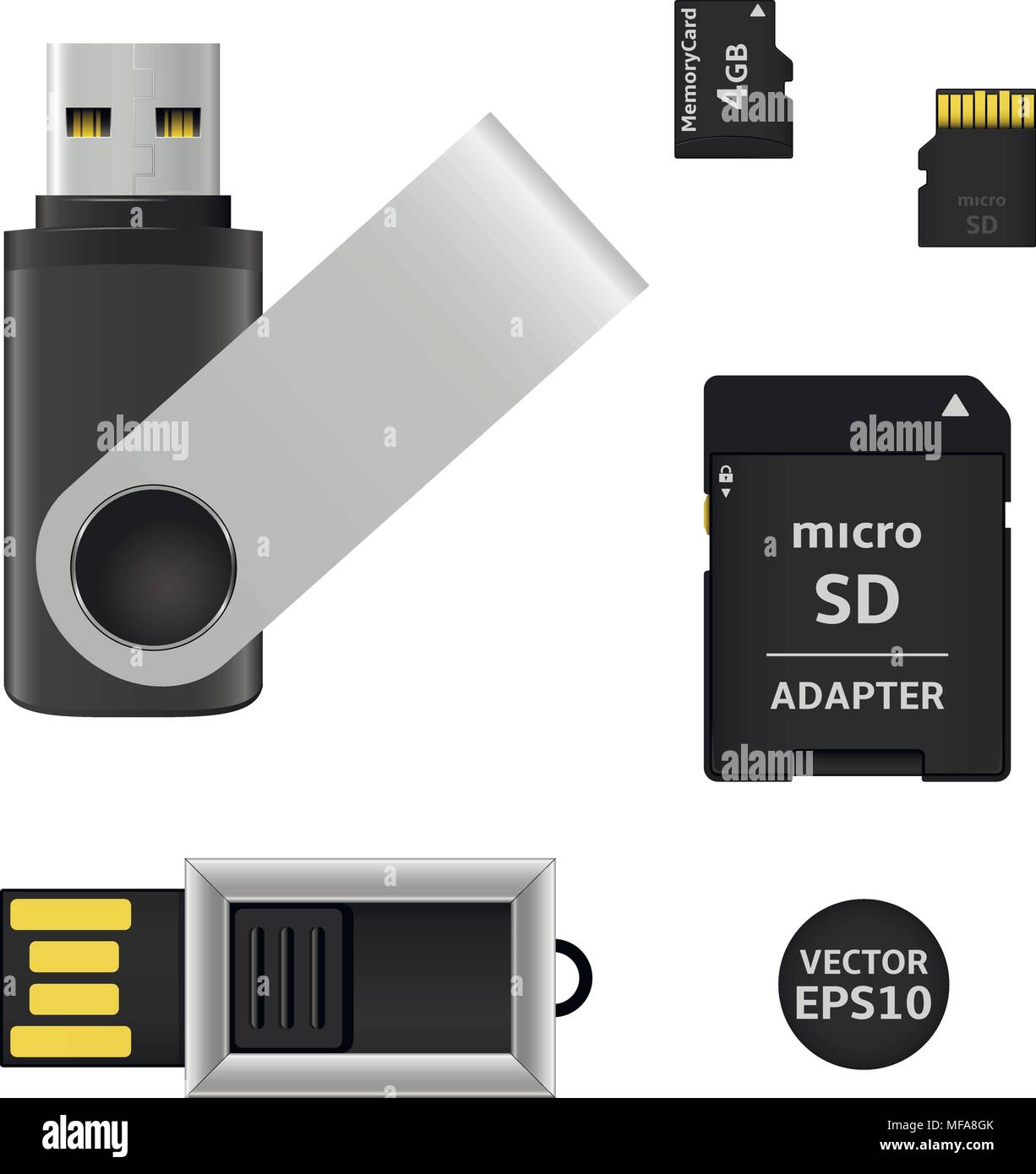 Vettore unità flash USB e schede di memoria isolato Illustrazione Vettoriale