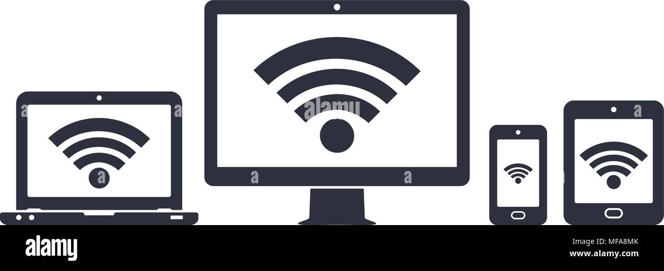 Il display del computer, laptop, tablet e smartphone con icone di collegamento internet wifi simbolo. Illustrazione Vettoriale. Illustrazione Vettoriale