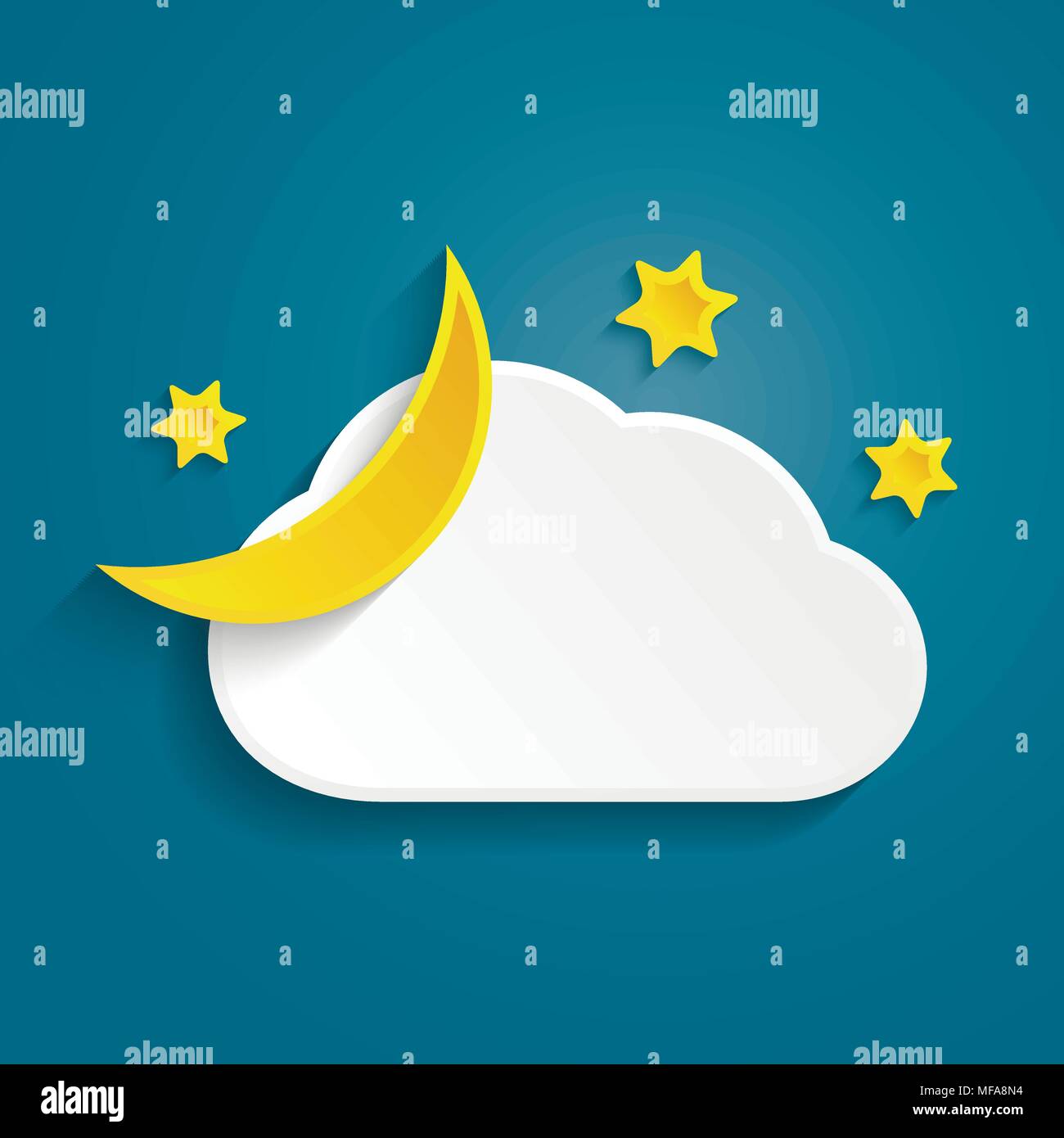 Half moon, cloud e stelle nella notte. Carta stile arte concetto. Illustrazione Vettoriale. Illustrazione Vettoriale