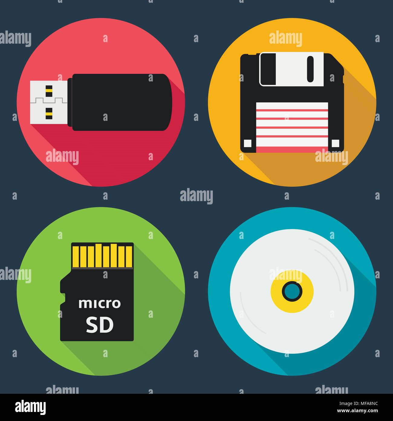 Design piatto lungo ombra nello stile moderno vettore icona set di dispositivi di memorizzazione di dati Illustrazione Vettoriale