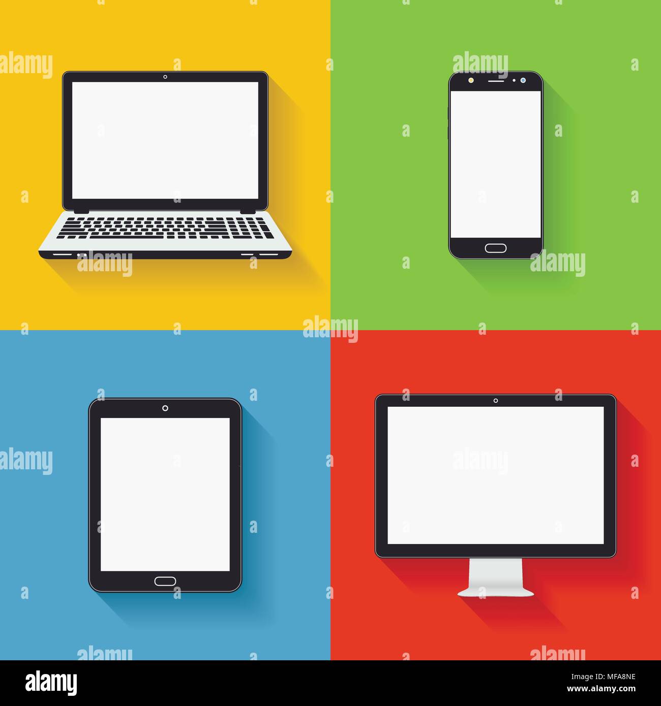 Icone della periferica - smart phone, tablet PC notebook e computer desktop. Dispositivo colorate le icone in stile appartamento con ombra. Illustrazione Vettoriale. Illustrazione Vettoriale