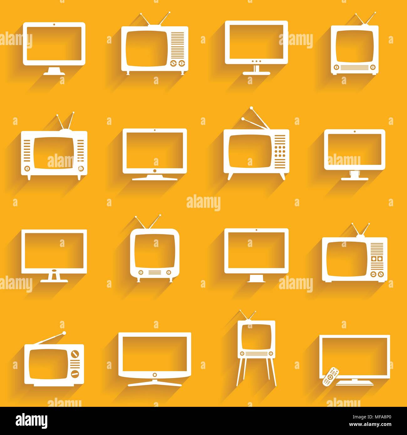 Moderno e retrò TV set di icone. Design piatto con lunga ombra. Illustrazione Vettoriale. Illustrazione Vettoriale