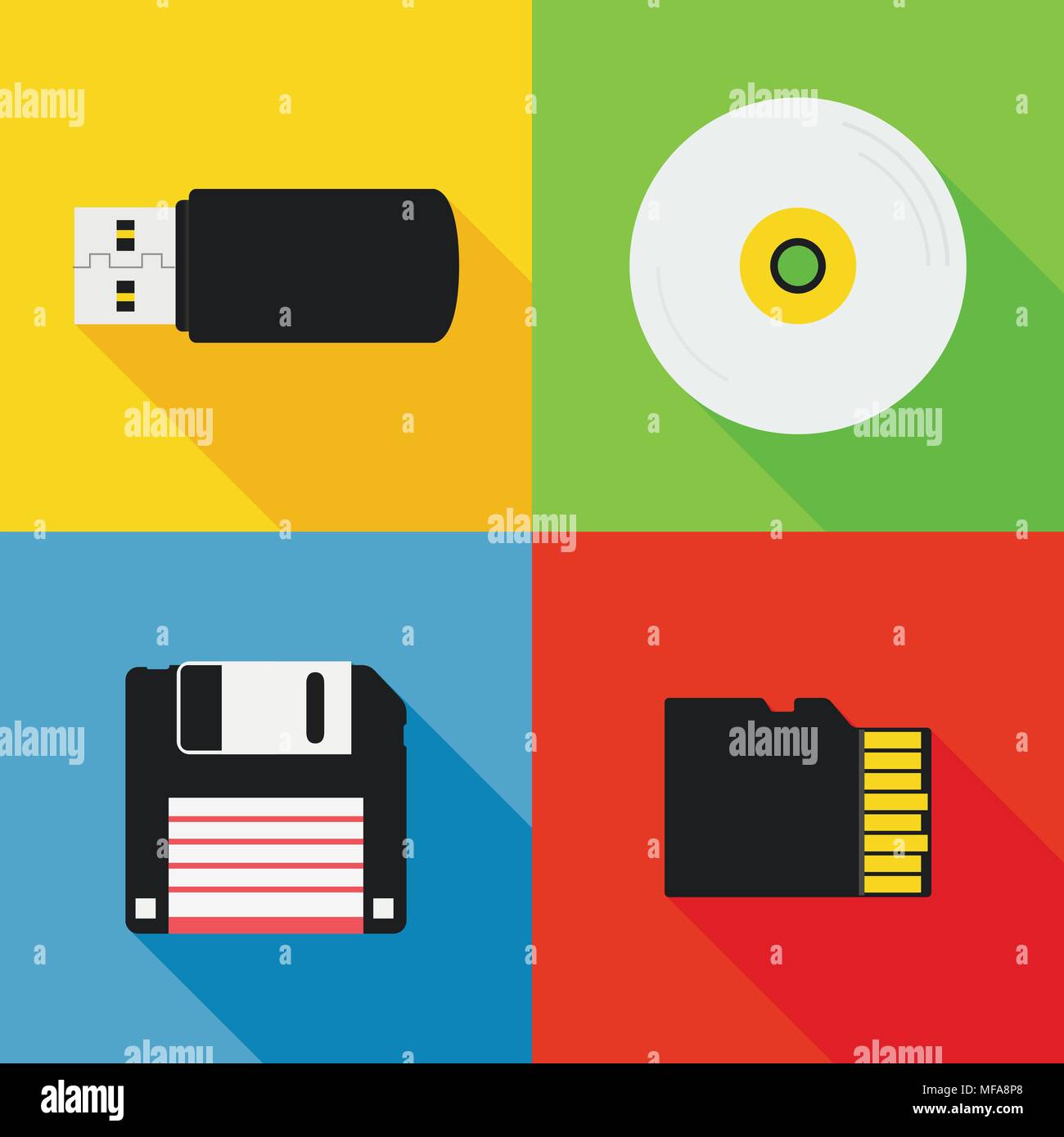Design piatto lungo ombra nello stile moderno vettore icona set di dispositivi di memorizzazione dei dati. Illustrazione Vettoriale. Illustrazione Vettoriale