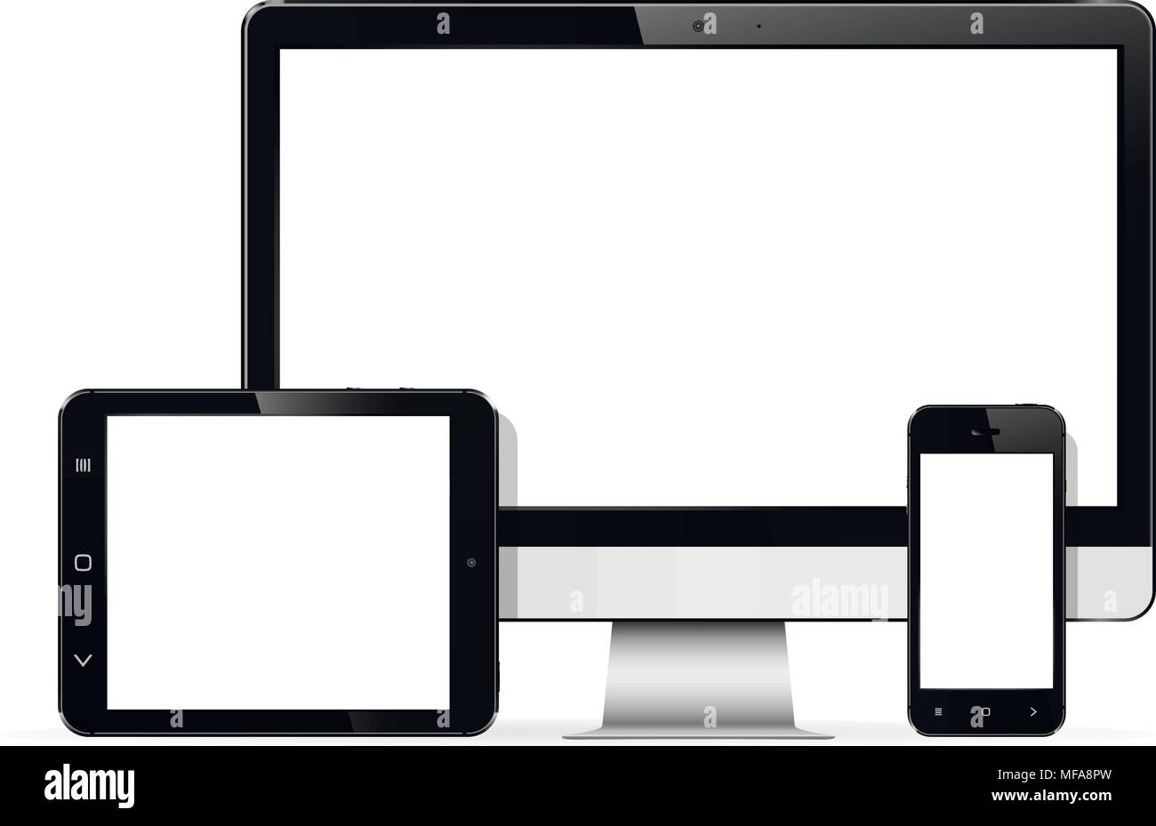 La moderna tecnologia dispositivi - monitor per computer, tavoletta digitale e telefono cellulare con schermo vuoto mockup. Isolato su sfondo bianco. EPS vettoriali10. Illustrazione Vettoriale