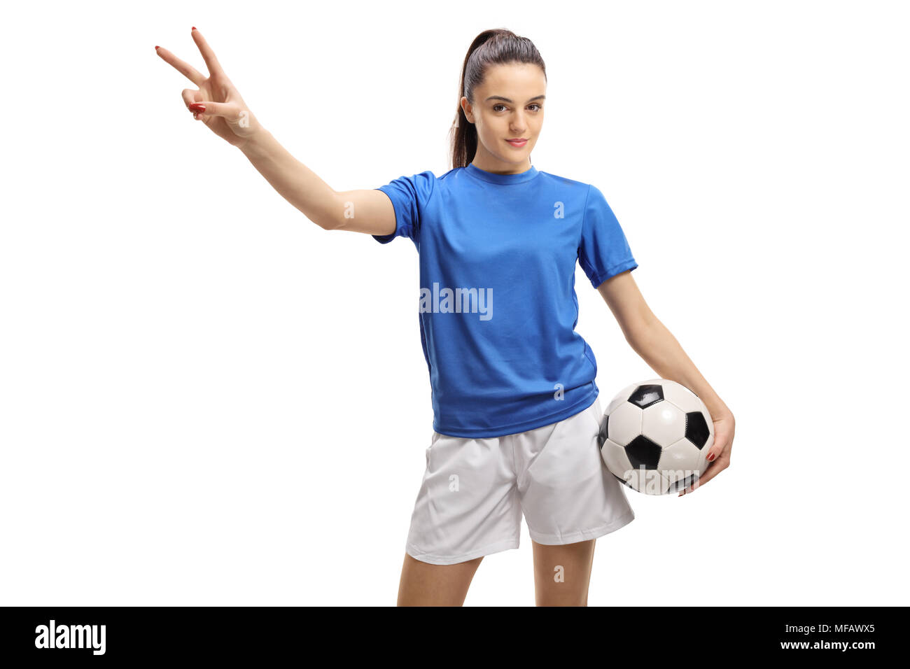 Calcio femminile player facendo una vittoria gesto isolato su sfondo bianco Foto Stock