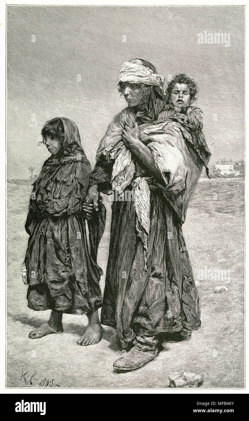 Incisione di un beduino la donna e la sua famiglia. Da un'incisione originale nel 1891 edizione di nella scrittura terre da Edward L Wilson Foto Stock