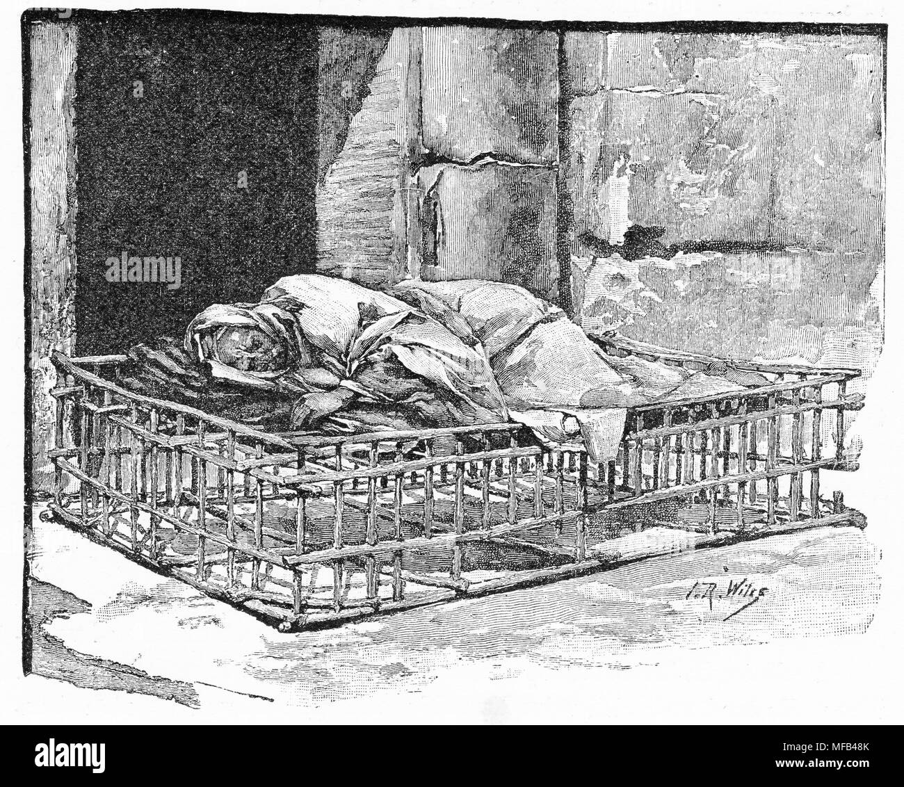 Incisione del detentore del cancello in Gerusalemme, dormire su un letto in legno telaio. Da un'incisione originale nel 1891 edizione di nella scrittura terre da Edward L Wilson Foto Stock