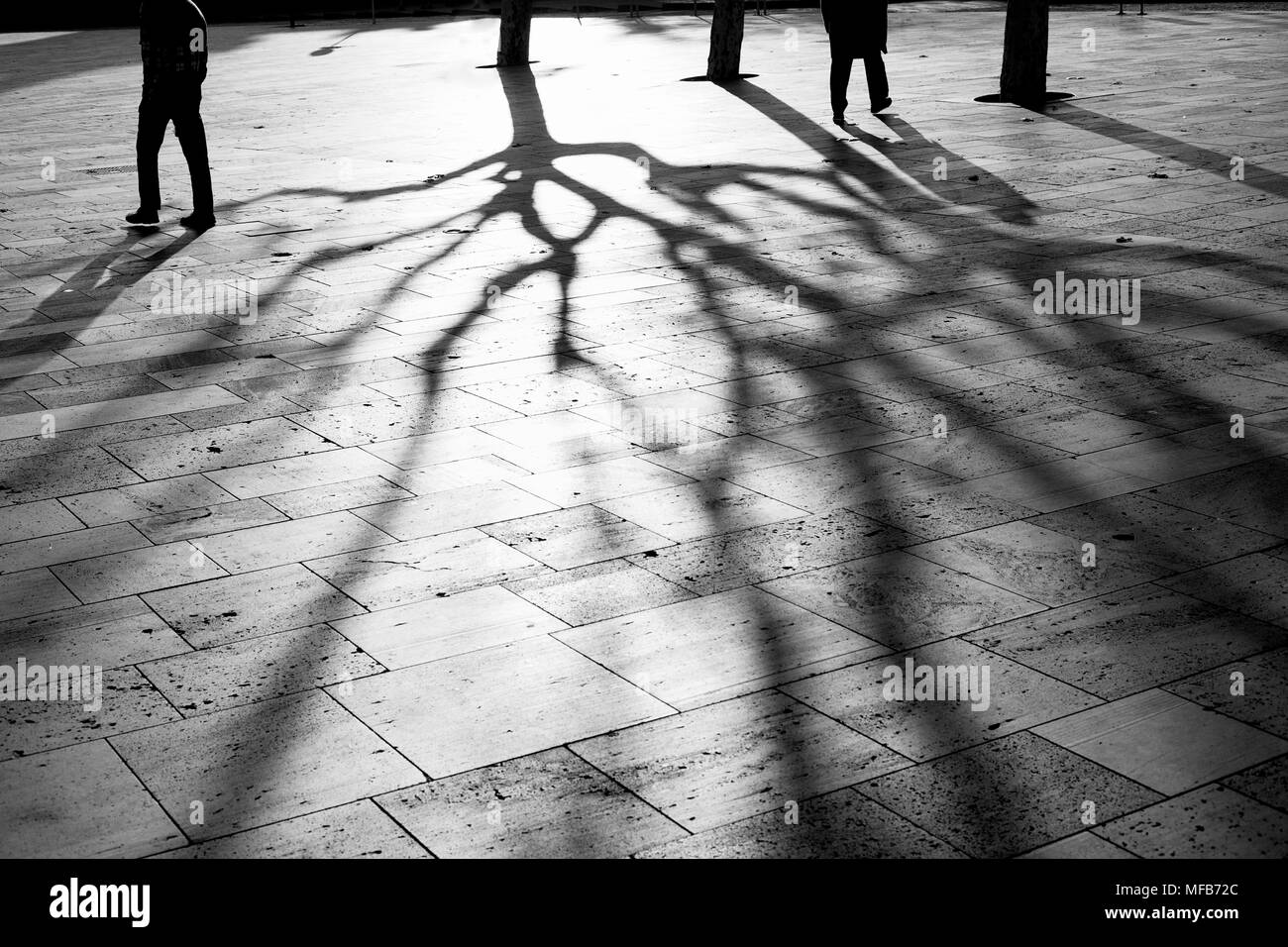 Silhouette di due uomini e l'ombra di un albero. Barcellona Spagna Foto Stock