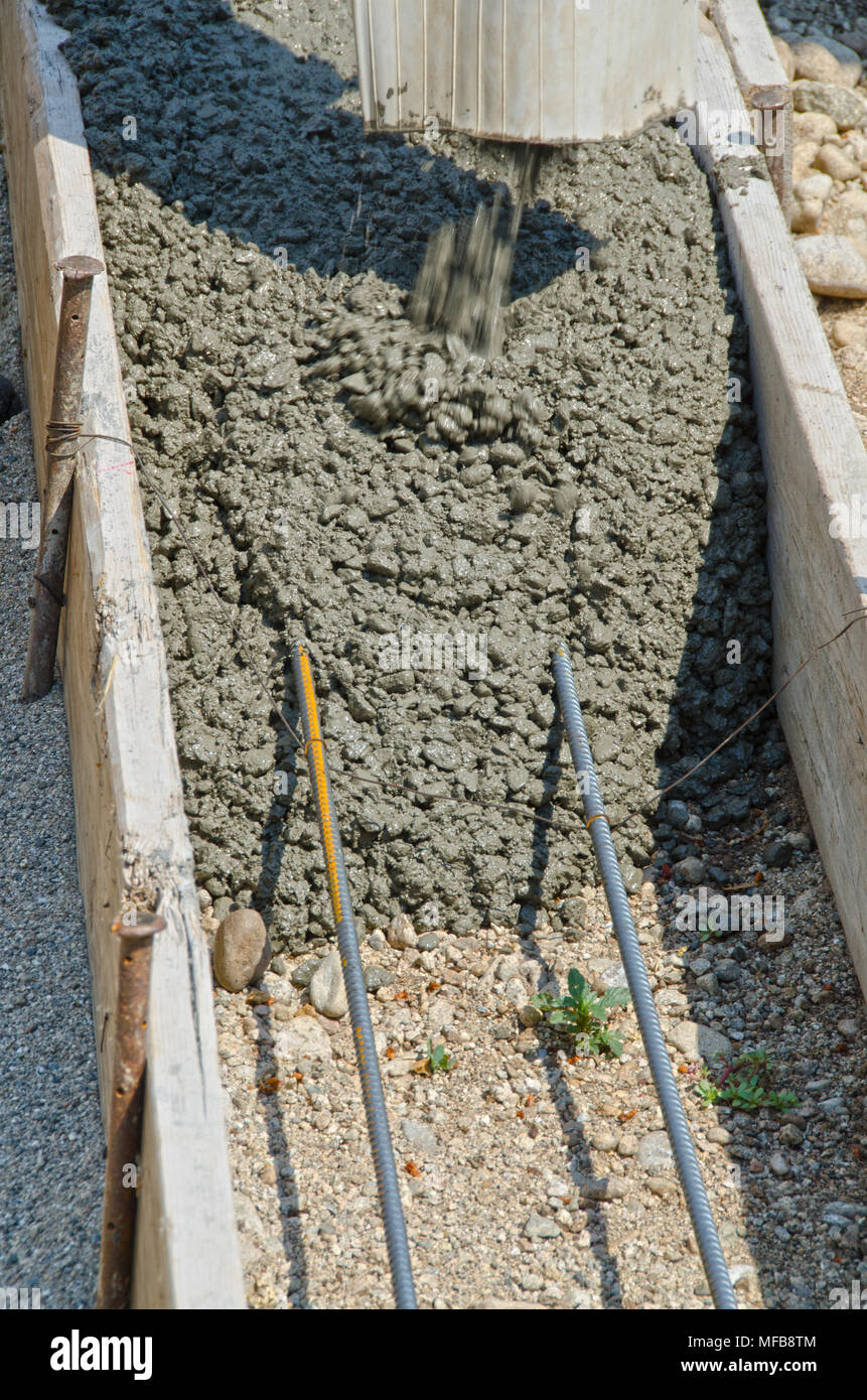 Calcestruzzo bagnato miscela viene versata in forme e su rebar per creare le fondamenta per una casa. Foto Stock