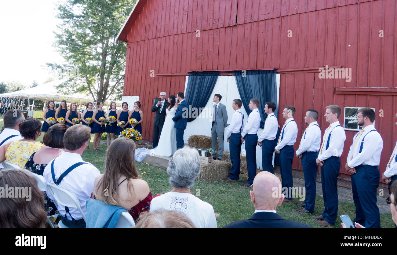 Festa di nozze schierate nella parte anteriore del fienile mentre il ministro si riferisce una storia divertente circa la sua nipote. Champaign Illinois IL USA Foto Stock