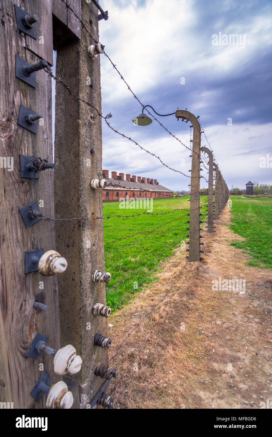 Elettrico fili spinati tedesco del campo di lavoro e sterminio nazista eredità di mondo Auschwitz Birkenau, Polonia Foto Stock