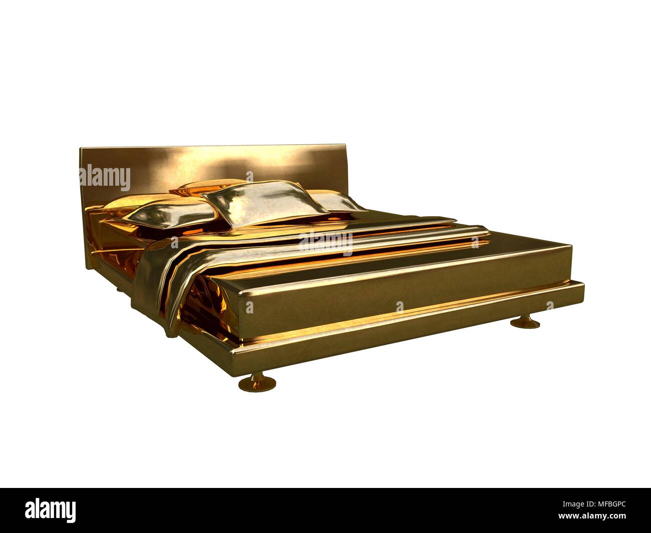 3D rendering di una golden bed isolato su uno sfondo bianco Foto Stock