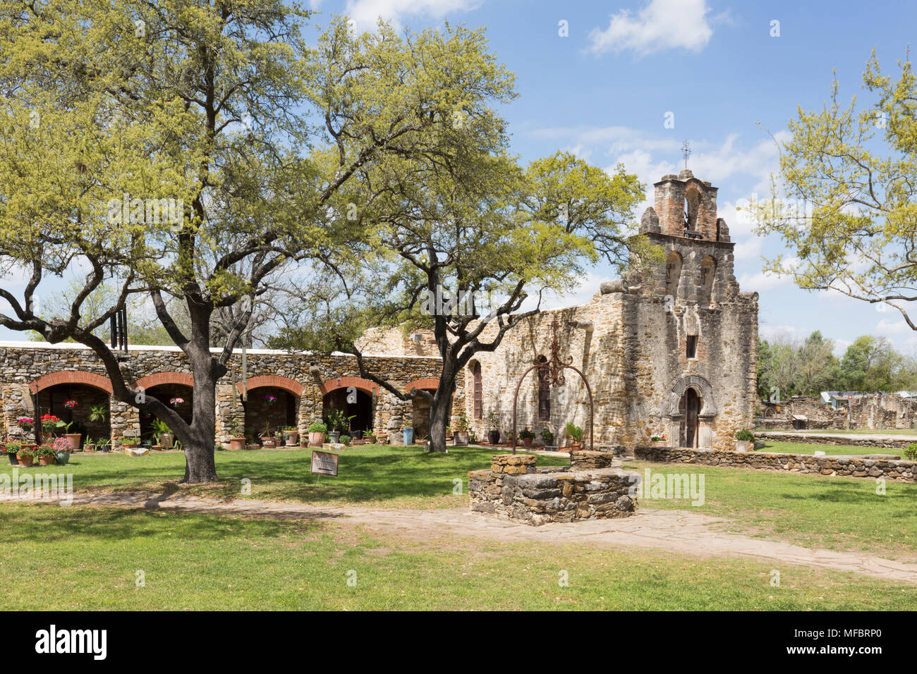 San Antonio Texas - Mission Espada chiesa, un Francescano di missioni di San Antonio, San Antonio Missions National Historical Park, Texas USA Foto Stock