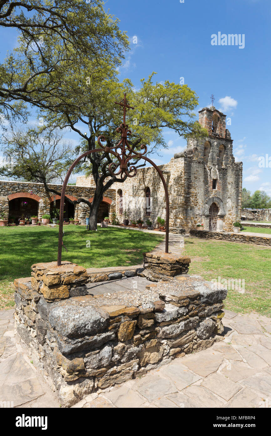 San Antonio Texas - Mission Espada chiesa, un Francescano di missioni di San Antonio, San Antonio Missions National Historical Park, Texas USA Foto Stock