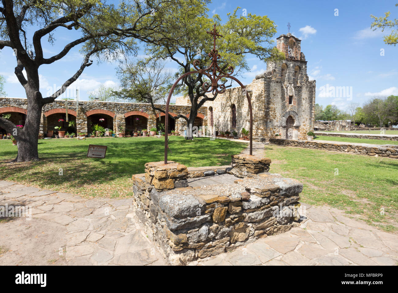 San Antonio Texas - Mission Espada chiesa, un Francescano di missioni di San Antonio, San Antonio Missions National Historical Park, Texas USA Foto Stock