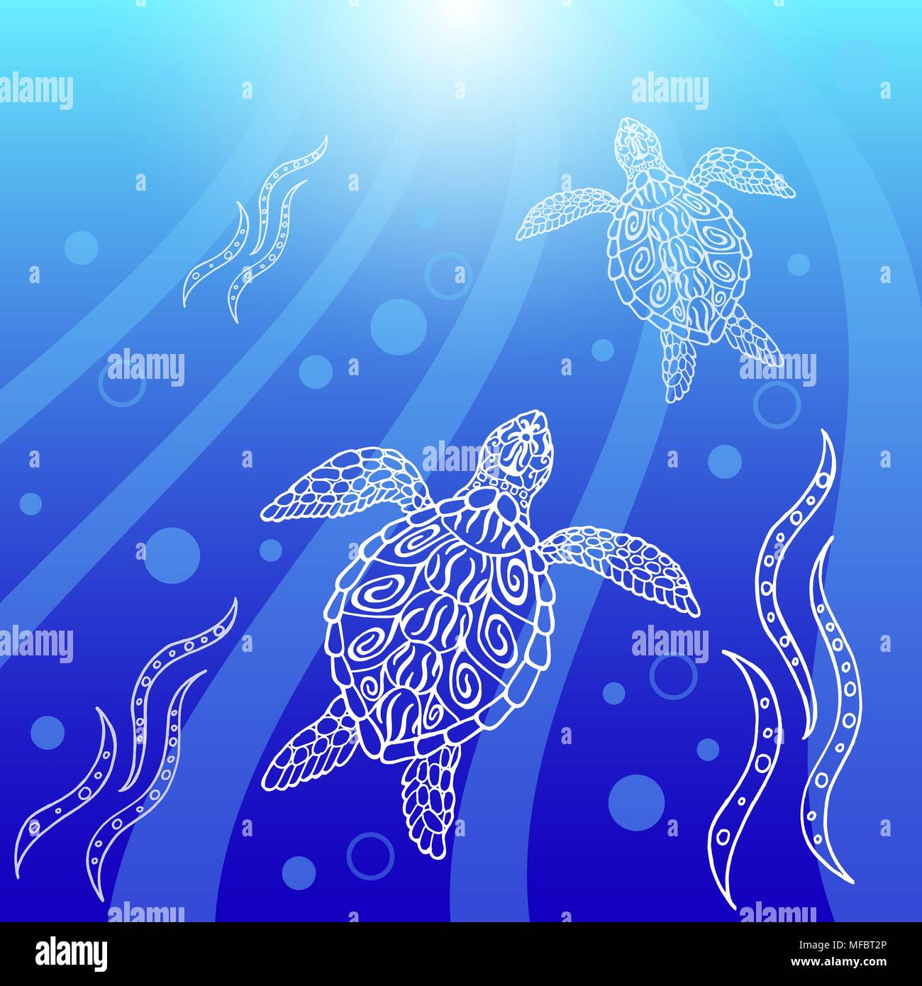 Le tartarughe di acqua swim up. Raggi, bolle, luce. Disegno in etnico stile aborigena. Sfondo blu Illustrazione Vettoriale