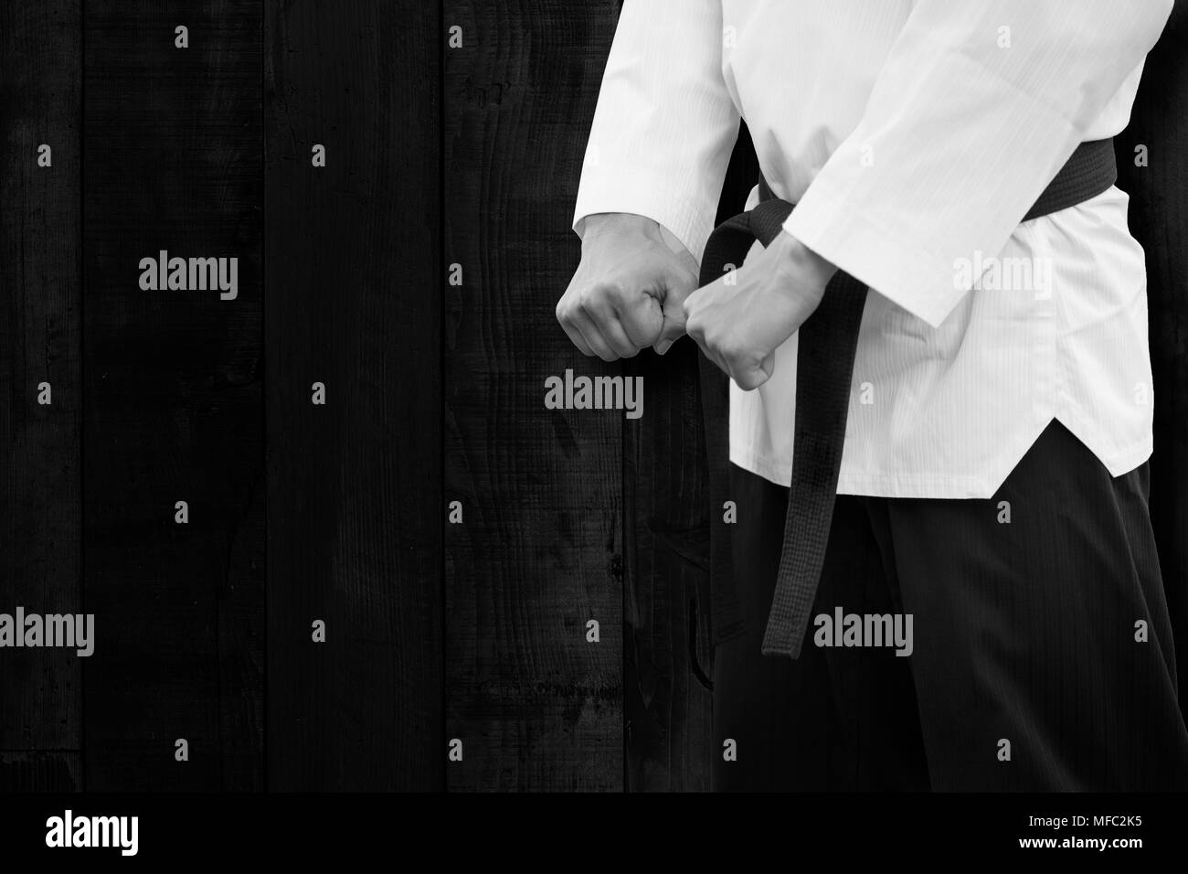 Taekwondo tradizionale coreano Fighter Stand per il volo su legno nero Foto Stock
