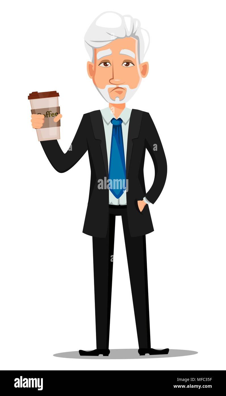 Business man in ufficio stile vestiti con i capelli grigi. Imprenditore triste personaggio dei fumetti azienda caffè. Illustrazione Vettoriale su sfondo bianco Illustrazione Vettoriale