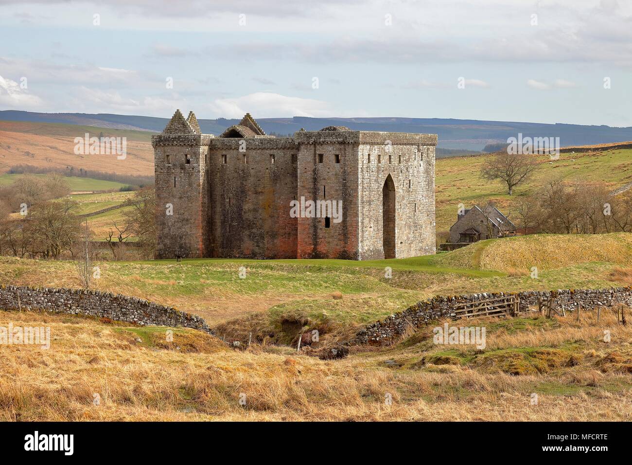 Hermitage Castello, Newcastleton, Roxburghshire, Scottish Borders, Scozia, situato nella discutibile terre tra Inghilterra e Scozia. Foto Stock