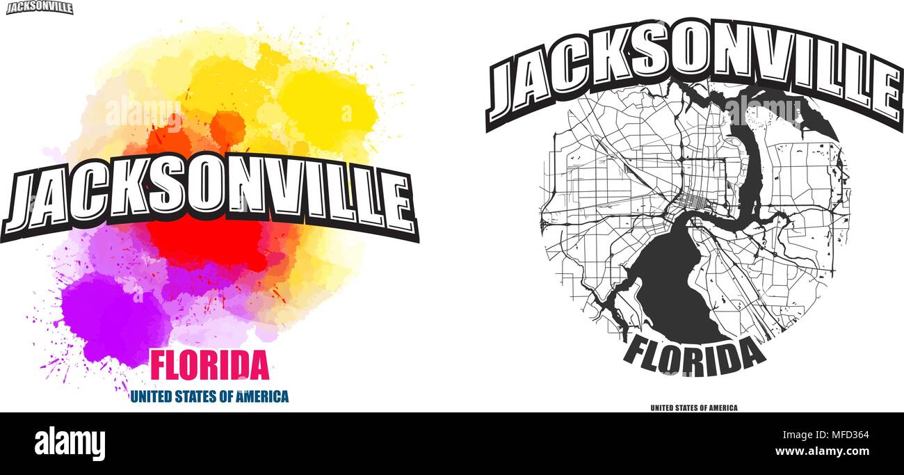 Jacksonville, Florida, logo design. Due in un vettore arti. Grande con logo vintage lettere con bello sfondo colorato e uno-colore-versione con mappa Illustrazione Vettoriale