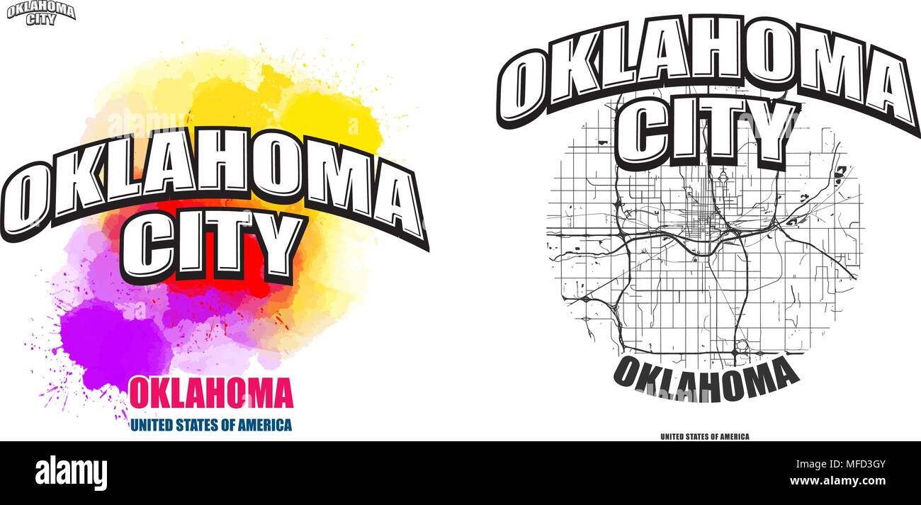Oklahoma City, Oklahoma, logo design. Due in un vettore arti. Grande con logo vintage lettere con bello sfondo colorato e one-color-versione con ma Illustrazione Vettoriale