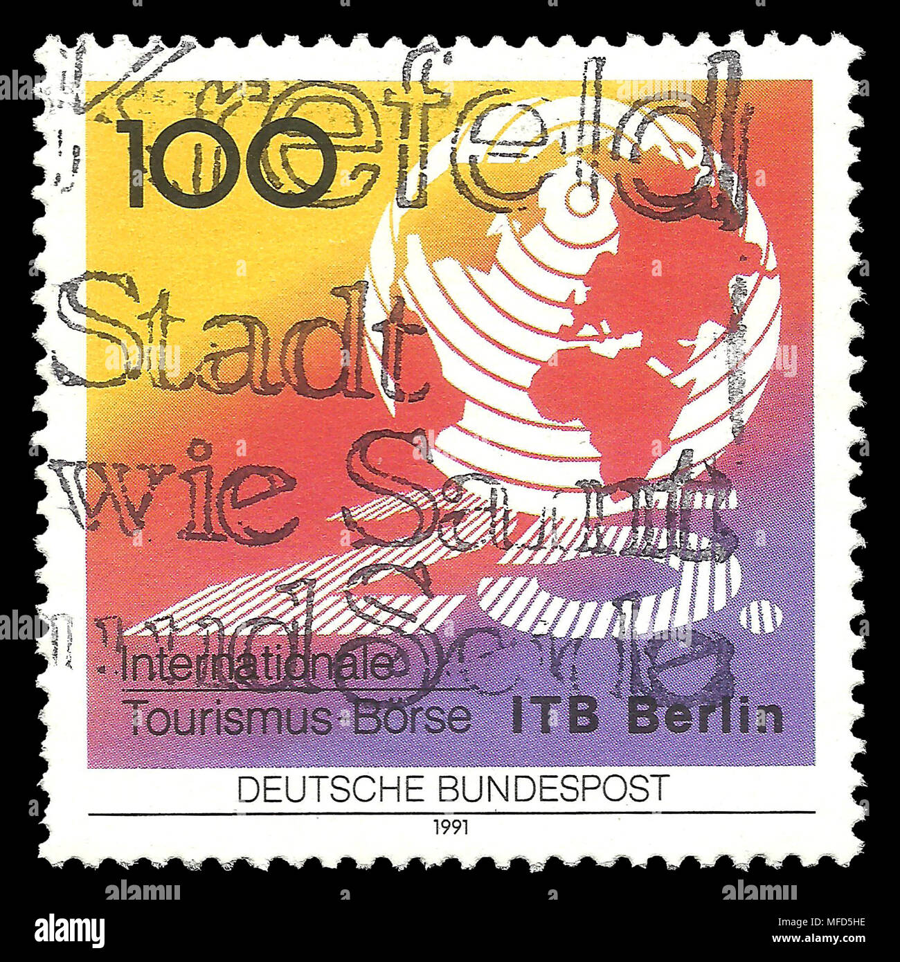 Germania - timbro 1991: Edizione di colore su casi particolari, mostra xxv Fiera Internazionale del Turismo a Berlino Foto Stock