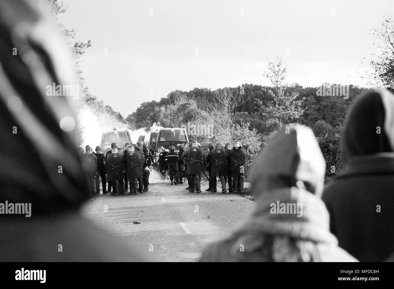 I dimostranti e polizia si fronteggiano durante la protesta rurale. La cattedrale di Notre Dame des Landes, Nantes, Francia settentrionale Foto Stock