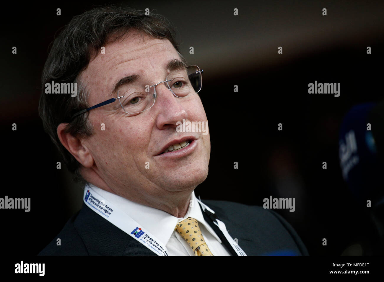 Bruxelles, Belgio. Xxv Aprile 2018. Achim Steiner, Amministratore Programma di Sviluppo delle Nazioni Unite (UNDP) arriva a partecipare alla conferenza internazionale sul futuro della Siria e della regione.Alexandros Michailidis/Alamy Live News Foto Stock